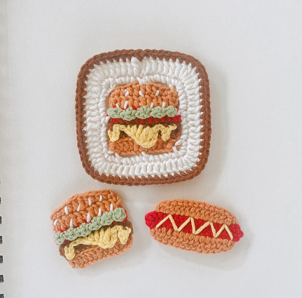 crochet hambuger, hamburger granny square and hot dog pattern